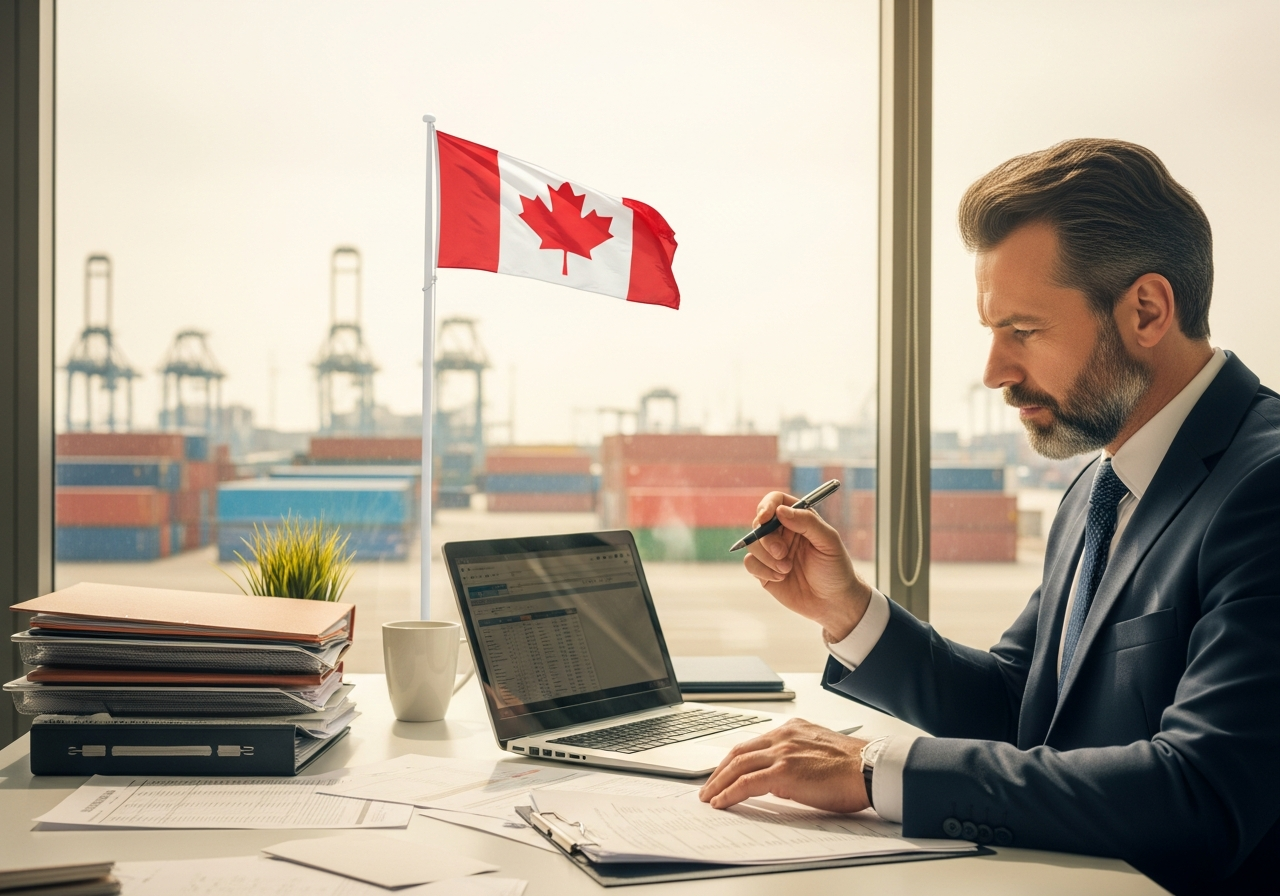 Licensed customs broker reviewing import documentation for Canadian customs clearance