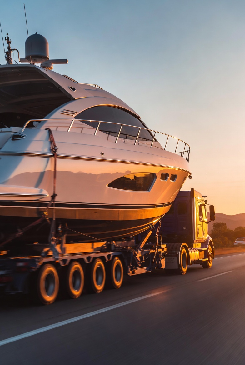 Luxury yacht being transported on a truck at sunset