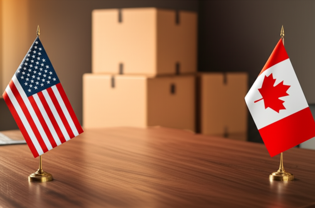 Blog featured image: an image illustrating an American citizen shipping commercial goods to Canada. canada flag must be i