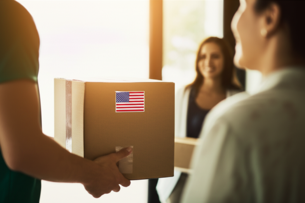 Blog featured image: A parcel shipment being delivered to a happy customer with a USA sticker on the box.