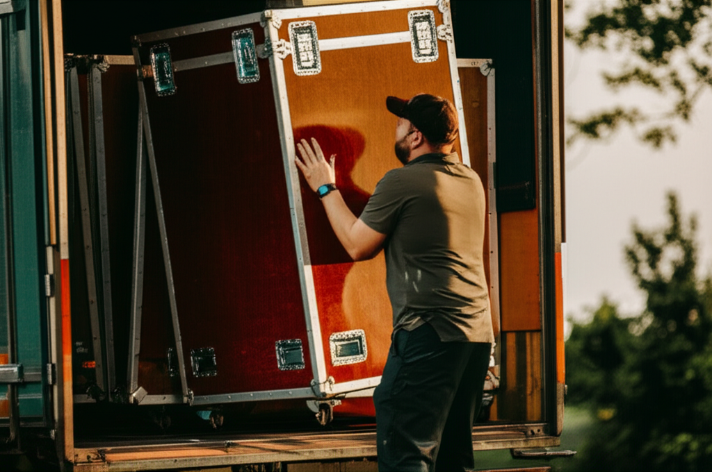 Blog featured image: A roadie from a band packing up stage equipment and putting it on a semi truck.