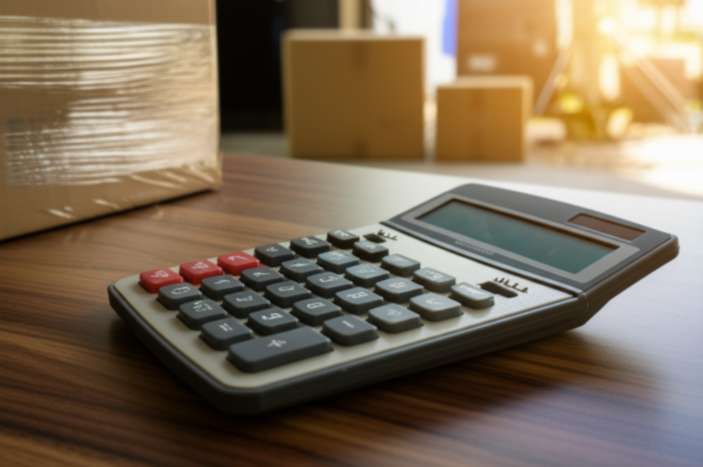 Blog featured image: a calculator with a commercial shipment in the background
